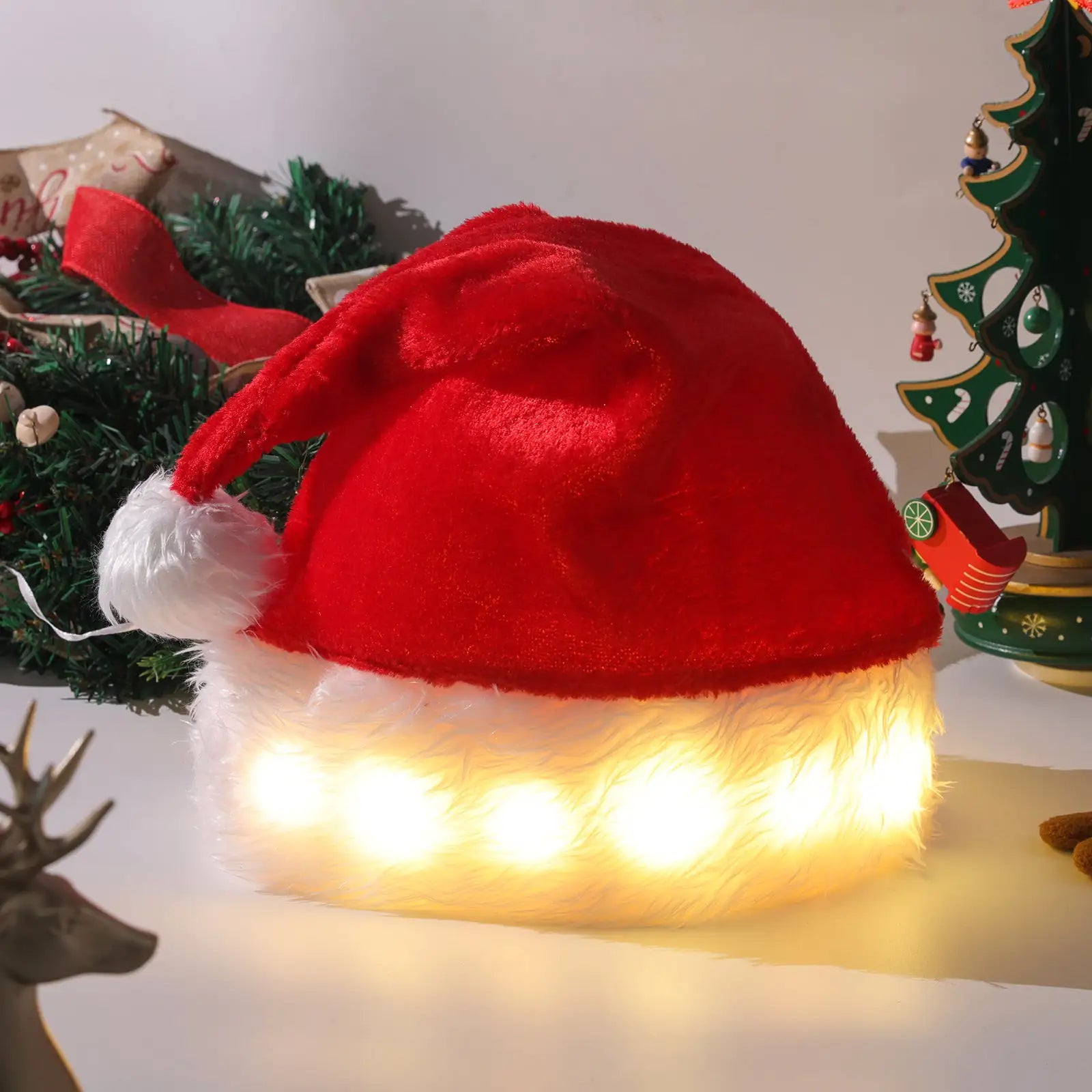 LED Light Plush Santa Hat, Festive Christmas Decor for All Ages