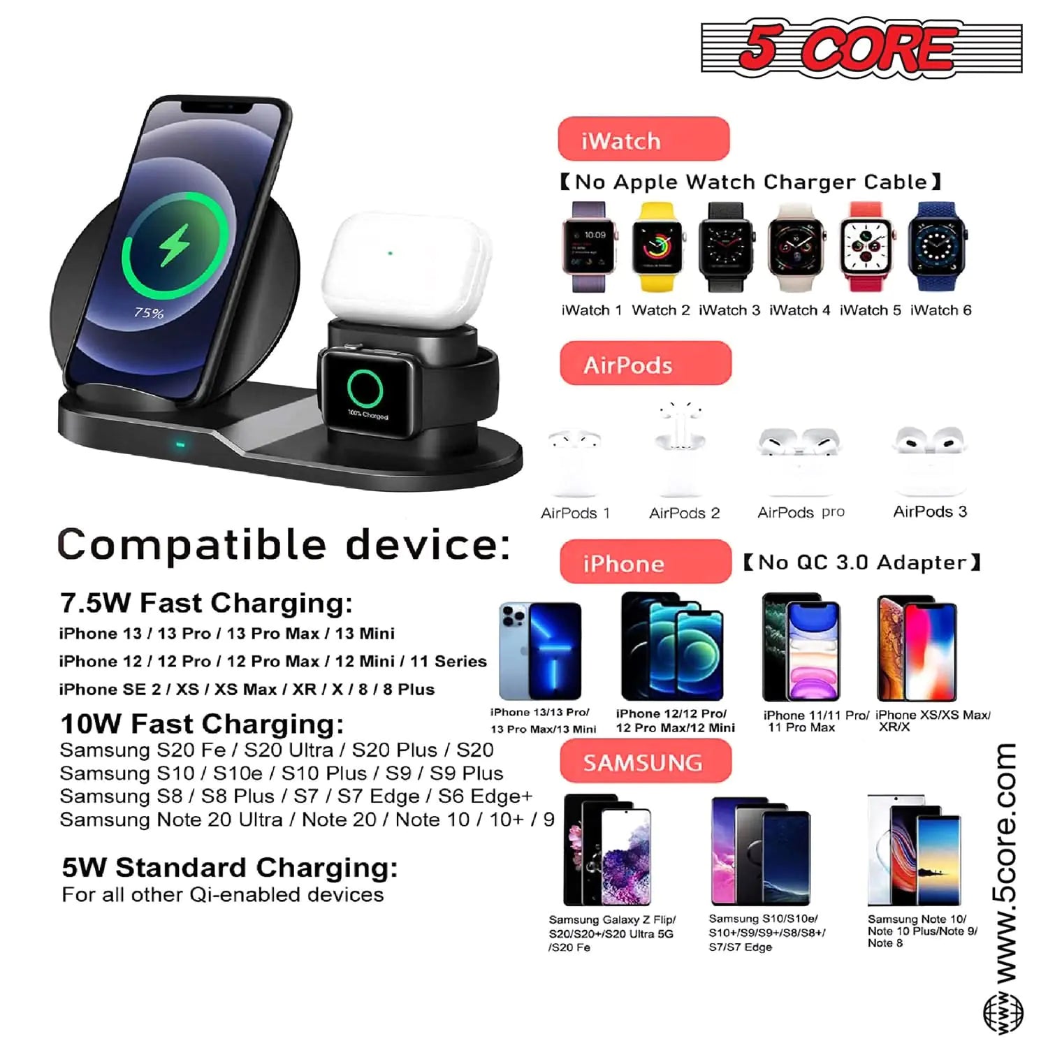 5Core 3-in-1 Wireless Charging Station, Fast & Safe