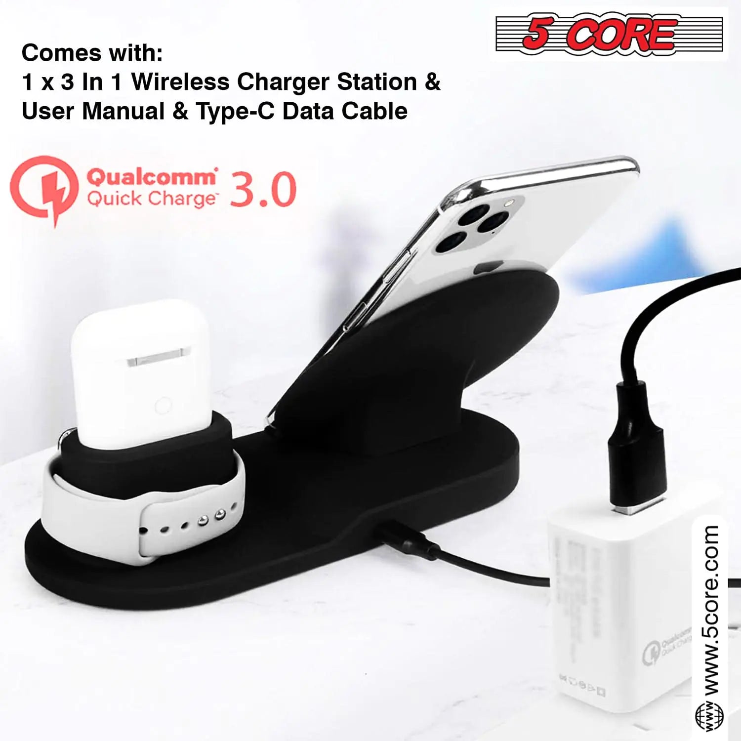 5Core 3-in-1 Wireless Charging Station, Fast & Safe