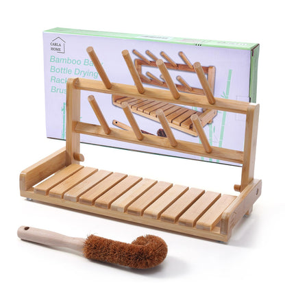 CARLA HOME Bamboo Baby Bottle Drying Rack Portable Dish Drying Rack Includes Bamboo Bottle Brush Baby Essentials Item Space Saving and Easy to Clean for Mums Birthday Box
