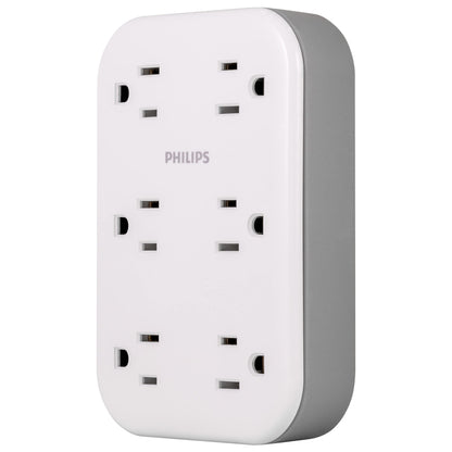 Philips EZFit 6-Outlet Surge Protector Outlet Extender Wall Tap Grounded Widely Spaced Outlets 900 Joules for Home Office Dorm Essentials White SPP6602W/37