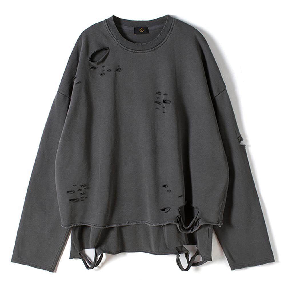 ELKNLMU Vintage Streetwear ripped Sweatshirt Men Fashion Autumn Solid Color Oversize Sweatshirt (Large Dark grey)