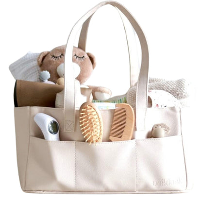 Uniklook Vegan Leather Baby Diaper Caddy Organizer with Removable Inserts – Portable Storage Basket for Diapers Wipes Baby Essentials – Easy-to-Clean Nursery Organizer for Home &amp; Travel (Blanc)