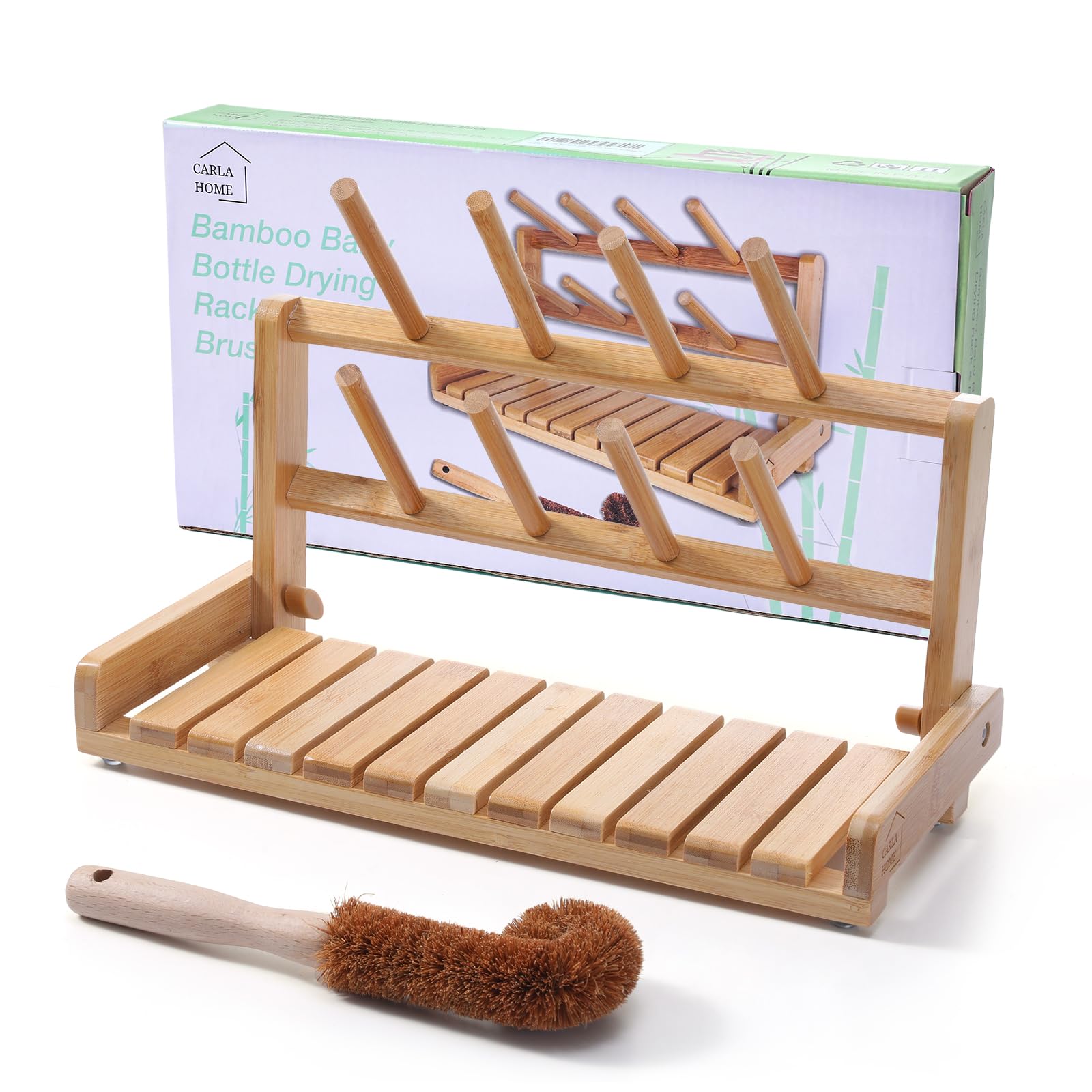 CARLA HOME Bamboo Baby Bottle Drying Rack Portable Dish Drying Rack Includes Bamboo Bottle Brush Baby Essentials Item Space Saving and Easy to Clean for Mums Birthday Box