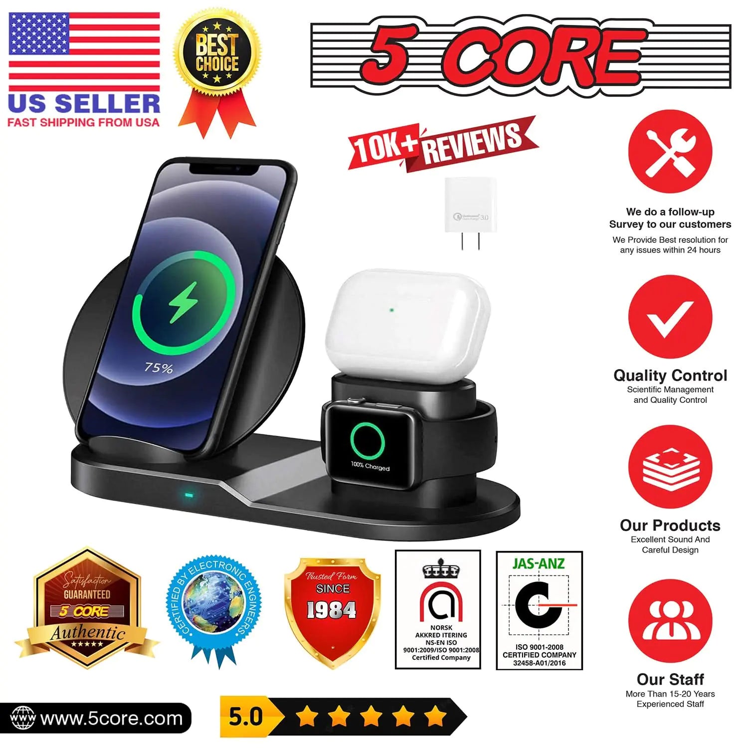 5Core 3-in-1 Wireless Charging Station, Fast &amp; Safe