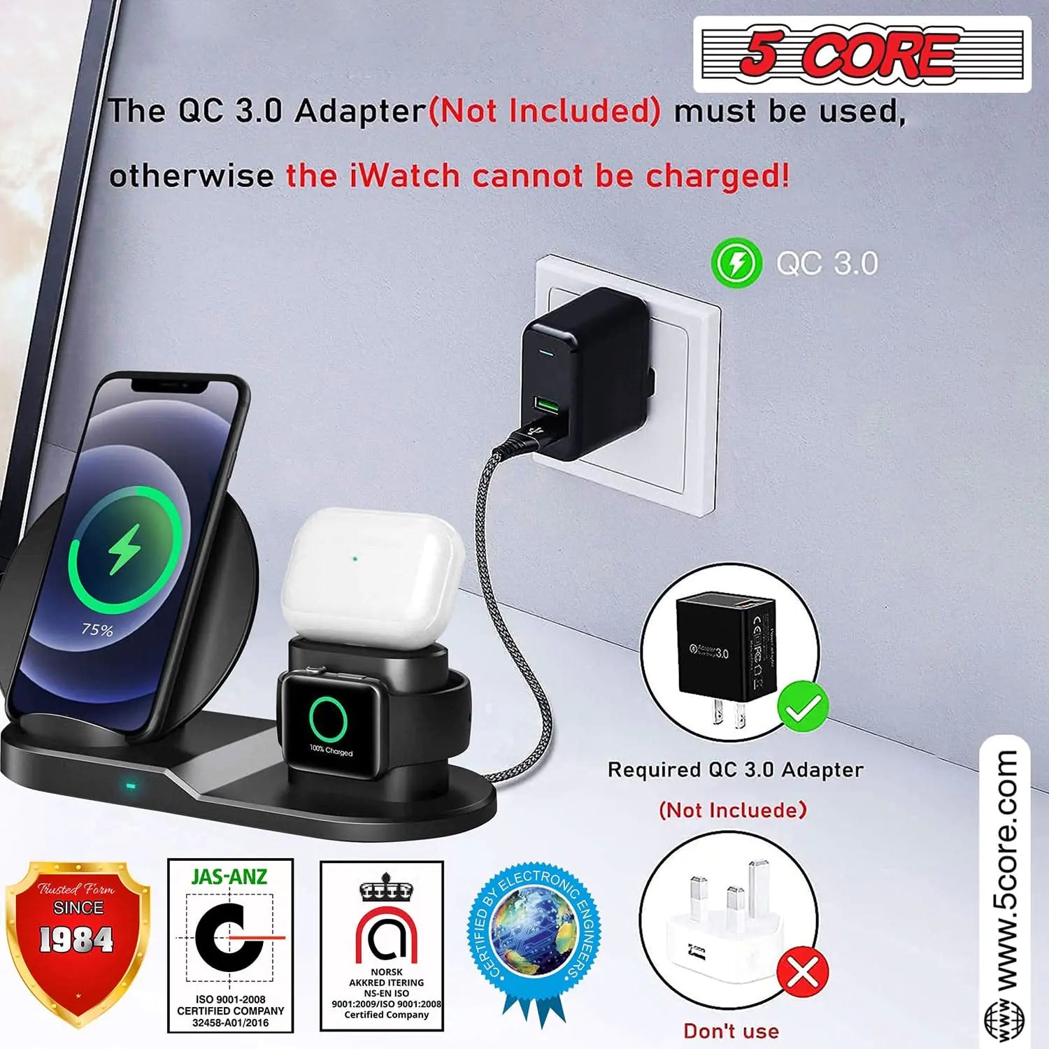 5Core 3-in-1 Wireless Charging Station, Fast &amp; Safe